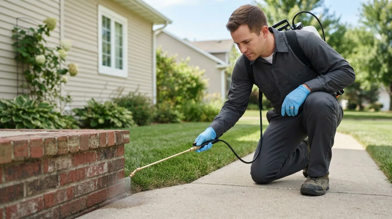 Pest control technician treating a home near Harrisburg, MO