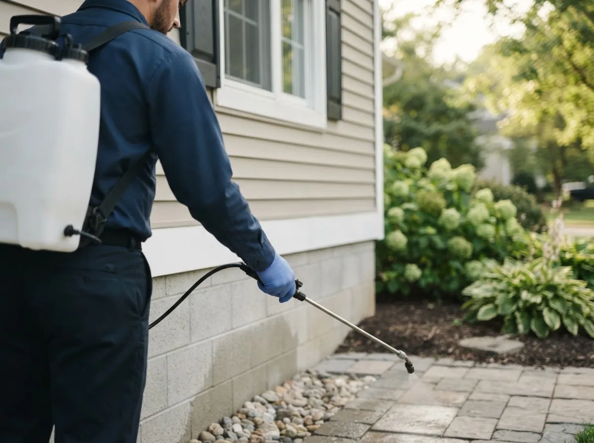 Pest control technician inspecting a home in Harrisburg, MO